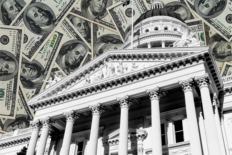 california capitol building with background of dollars